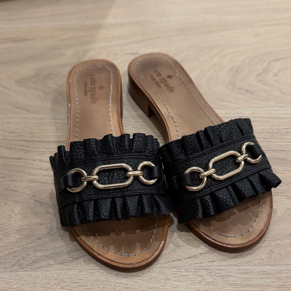 kate spade Black Leather Ruffle Slide Mules with Gold Chain